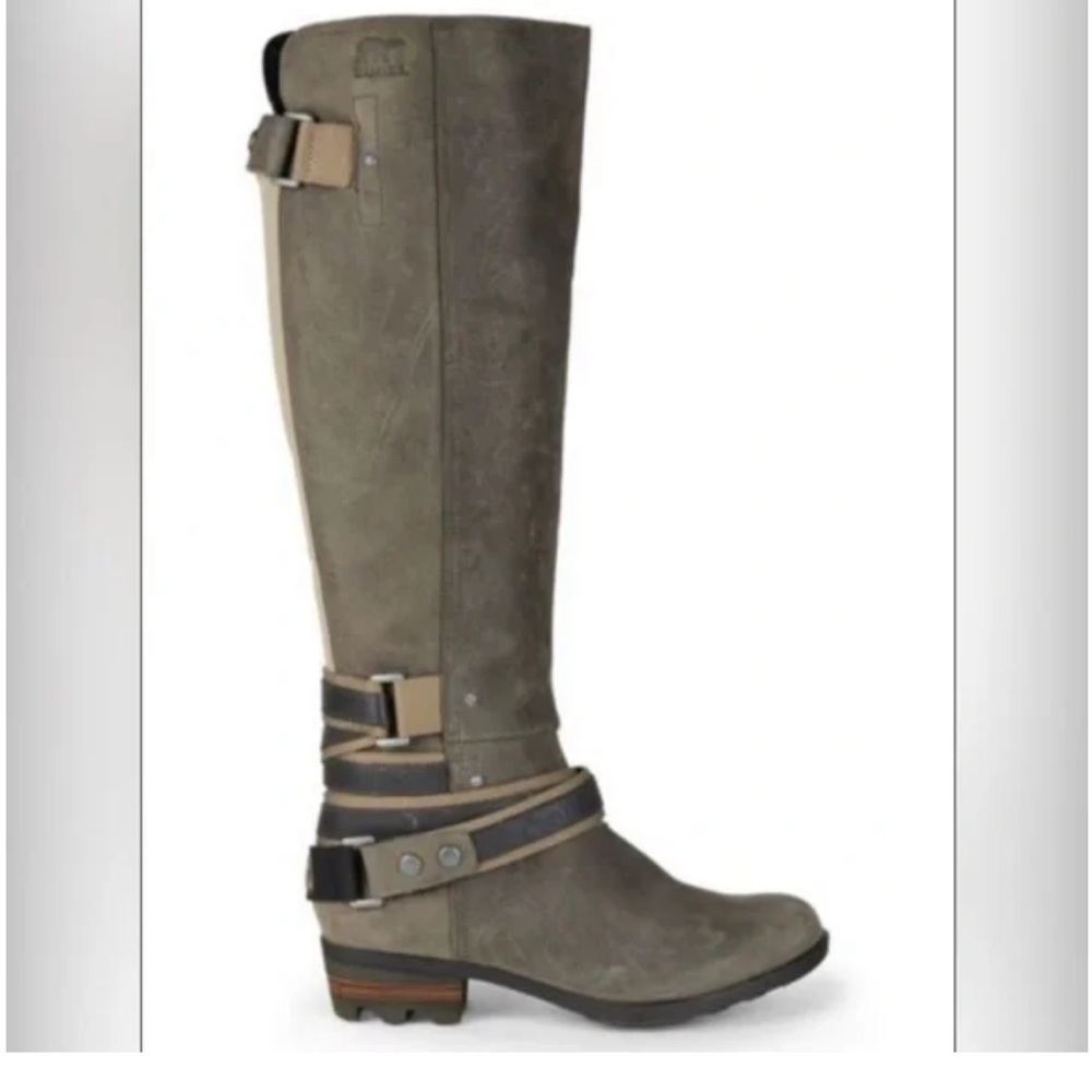 Sorel LOLLA tall waterproof leather knee riding boots Quarry pebble SZ 6.5. R2